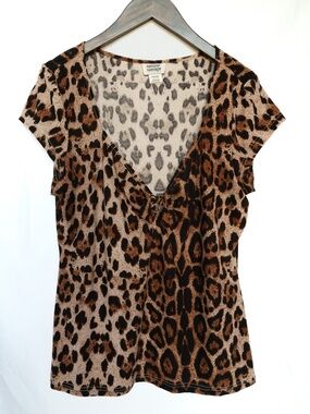 Unique Vintage Leopard Print Top | Tie Front V-Neck | Retro Style Blouse I XL